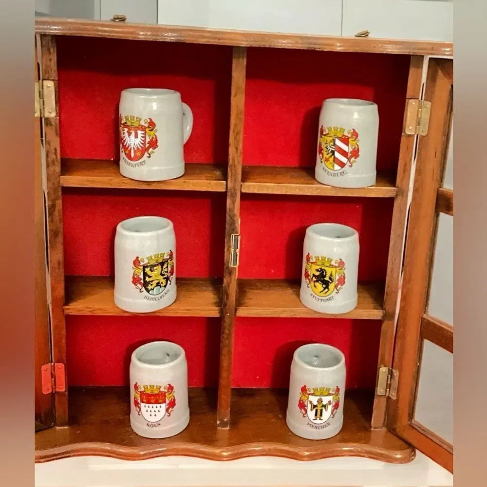 Rare Collectible 6 German Mini Beer Mugs/Steins in a Wooden Display Case